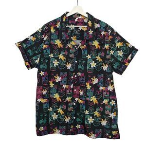 Hawaiian Shirt Tiki Face Floral Mens L/XL Black Green Red